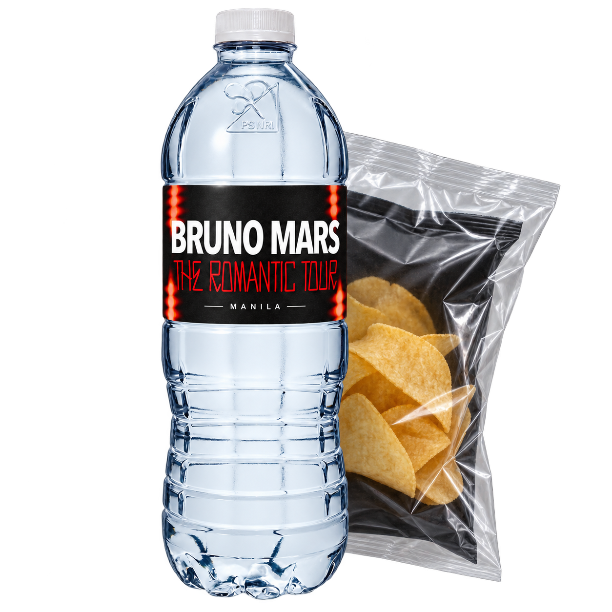 Reference design showing a Bruno Mars water bottle with a snack pack in clear plastic